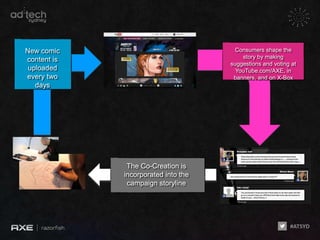 New comic                              Consumers shape the
                                         story by making
content is
                                     suggestions and voting at
 uploaded                              YouTube.com/AXE, in
every two                             banners, and on X-Box
   days




              The Co-Creation is
             incorporated into the
              campaign storyline
 