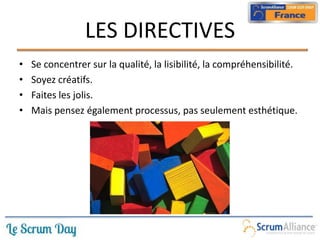 LES DIRECTIVES
• Se concentrer sur la qualité, la lisibilité, la compréhensibilité.
• Soyez créatifs.
• Faites les jolis.
• Mais pensez également processus, pas seulement esthétique.