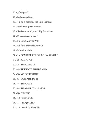 41.- ¿Qué pasa?
42.- Nube de colores
43.- Tu cielo perdido, con Luis Campos
44.- Nada más quien piensas
45.- Sueño de morir, con Lilly Goodman
46.- El sonido del silencio
47.- Fiel, con Marcos Witt
48.- La fruta prohibida, con Dr.
49.- Miraré al cielo
50.- 1 - COMO EL COLOR DE LA SANGRE
51.- 2 - JUNTO A TI
52.- 3 - TU PLANETA
53.- 4 - TE ESTOY ESPERANDO
54.- 5 - YO NO TEMERE
55.- 6 - CUIDARE DE TI
56.- 7 - TU POETA
57.- 8 - TÚ AMOR Y MI AMOR
58.- 9 - DIMELO
59.- 10 - COME ON
60.- 11 - TE QUIERO
61.- 12 - MÁS QUE AYER
 