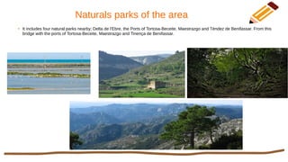 Naturals parks of the area
● It includes four natural parks nearby; Delta de l'Ebre, the Ports of Tortosa-Beceite, Maestrazgo and Téndez de Benifassar. From this
bridge with the ports of Tortosa-Beceite, Maestrazgo and Tinença de Benifassar.
 