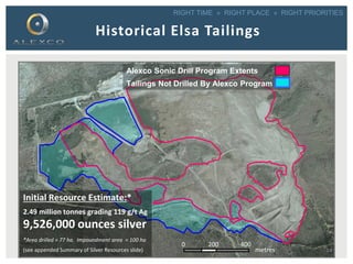 RIGHT TIME » RIGHT PLACE » RIGHT PRIORITIES
Historical Elsa Tailings
0 200 400
metres
Initial Resource Estimate:*
2.49 million tonnes grading 119 g/t Ag
9,526,000 ounces silver
*Area drilled = 77 ha. Impoundment area = 100 ha
Alexco Sonic Drill Program Extents
Tailings Not Drilled By Alexco Program
(see appended Summary of Silver Resources slide) 14
 
