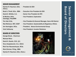 SeniorManagement&
BoardofDirectors
34
SENIOR MANAGEMENT
Clynton R. Nauman, B.Sc.
(Hons.)
- President & CEO
Brad A. Thrall, B.Sc., MBA - Executive Vice President & COO
David E. Whittle, C.A. - Senior Vice President & CFO
Al McOnie, M.Sc.
(Geology), FAusIMM
- Vice President, Exploration
Tim Hall, B.Sc. - Vice President & General Manager, Keno Hill District
Rob McIntyre, RET, CCEP - Vice President, Sustainability & Regulatory Affairs
Jim Harrington, M.Sc. - President, Alexco Environmental Group
Vicki Veltkamp - Vice President, Investor Relations
BOARD OF DIRECTORS
George Brack, Chairman
Michael Winn
David H. Searle, C.M., Q.C.
Terry Krepiakevich, C.A., ICD.D.
Rick Van Nieuwenhuyse, M.Sc.
Rick Zimmer, P.Eng., MBA
Clynton R. Nauman, B.Sc. (Hons.)
 