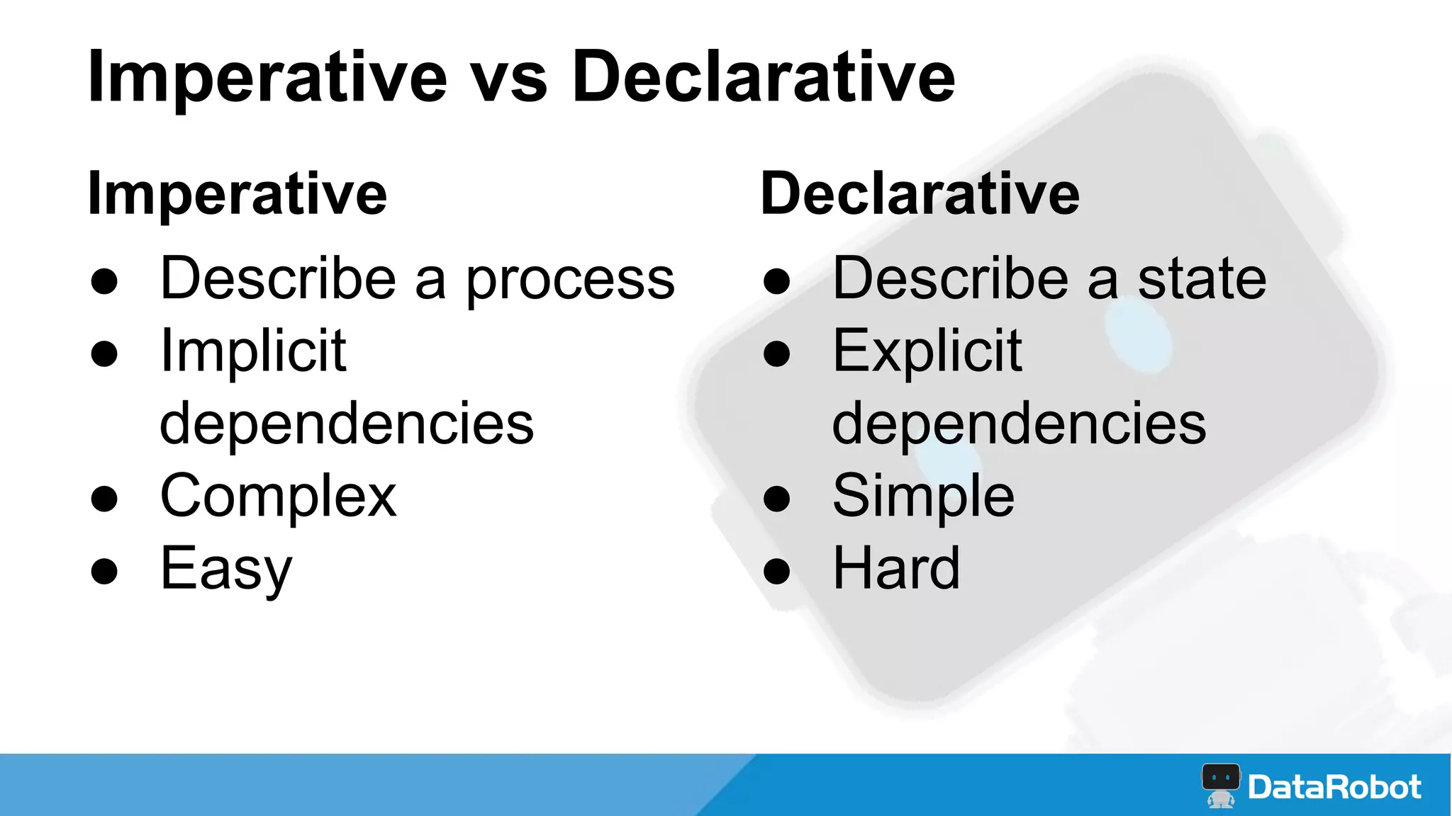 Imperative vs Declarative
Declarative
● Describe a state
● Explicit
dependencies
● Simple
● Hard
Imperative
● Describe a process
● Implicit
dependencies
● Complex
● Easy
 