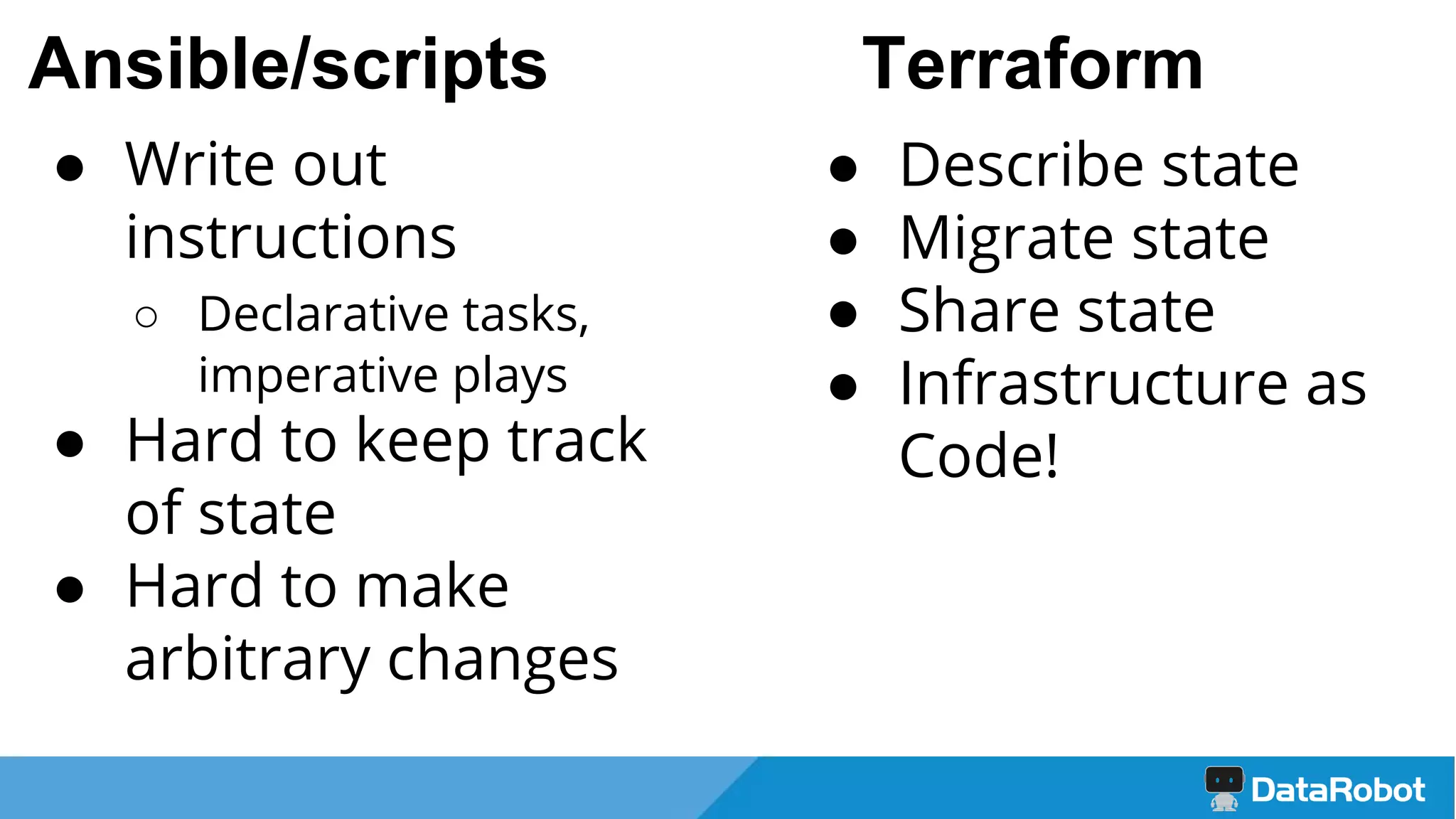 Terraform
● Describe state
● Migrate state
● Share state
● Infrastructure as
Code!
● Write out
instructions
○ Declarative tasks,
imperative plays
● Hard to keep track
of state
● Hard to make
arbitrary changes
Ansible/scripts
 