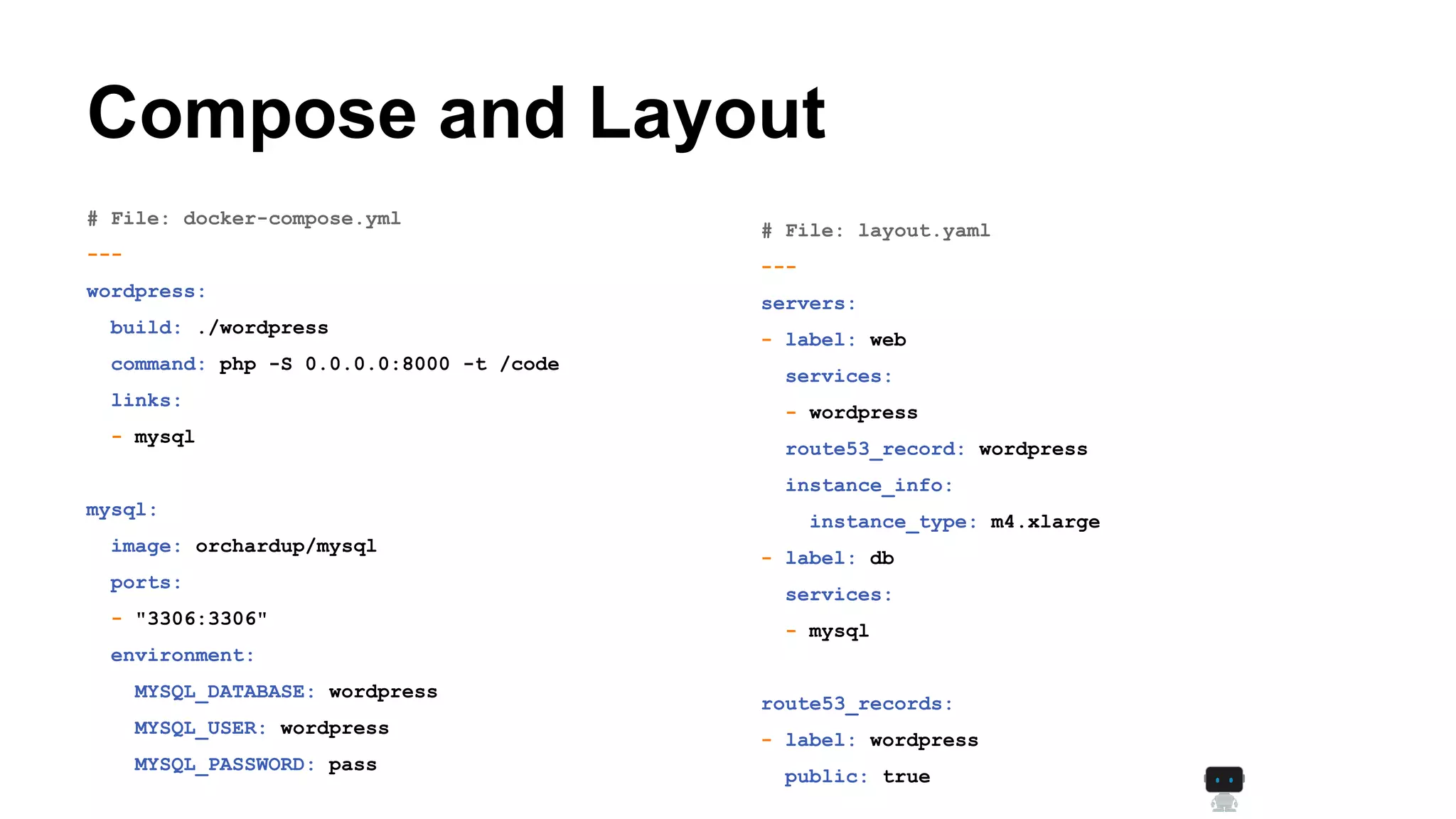 Compose and Layout
# File: layout.yaml
---
servers:
- label: web
services:
- wordpress
route53_record: wordpress
instance_info:
instance_type: m4.xlarge
- label: db
services:
- mysql
route53_records:
- label: wordpress
public: true
# File: docker-compose.yml
---
wordpress:
build: ./wordpress
command: php -S 0.0.0.0:8000 -t /code
links:
- mysql
mysql:
image: orchardup/mysql
ports:
- "3306:3306"
environment:
MYSQL_DATABASE: wordpress
MYSQL_USER: wordpress
MYSQL_PASSWORD: pass
 