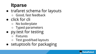 ltparse
● trafaret schema for layouts
○ Good, fast feedback
● click for cli
○ No boilerplate
○ Typed parameters
● py.test for testing
○ Fixtures
○ Test good/bad layouts
● setuptools for packaging
 