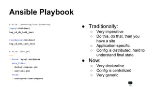 Ansible Playbook
● Traditionally:
○ Very imperative
○ Do this, do that, then you
have a site
○ Application-specific
○ Config is distributed; hard to
understand final state
● Now:
○ Very declarative
○ Config is centralized
○ Very generic
# File: inventory/site.inventory
[mysql:children]
tag_id_db_talk_test
[wordpress:children]
tag_id_web_talk_test
# File: site.yml
---
- hosts: mysql:wordpress
vars_files:
- docker-compose.yml
- services.yml
roles:
- container-from-compose
 