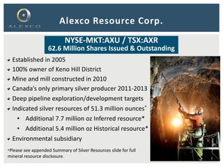 Alexco Resource Corp.
Established in 2005
100% owner of Keno Hill District
Mine and mill constructed in 2010
Canada’s only primary silver producer 2011-2013
Deep pipeline exploration/development targets
Indicated silver resources of 51.3 million ounces*
• Additional 7.7 million oz Inferred resource*
• Additional 5.4 million oz Historical resource*
Environmental subsidiary
NYSE-MKT:AXU / TSX:AXR
62.6 Million Shares Issued & Outstanding
*Please see appended Summary of Silver Resources slide for full
mineral resource disclosure. 4
 