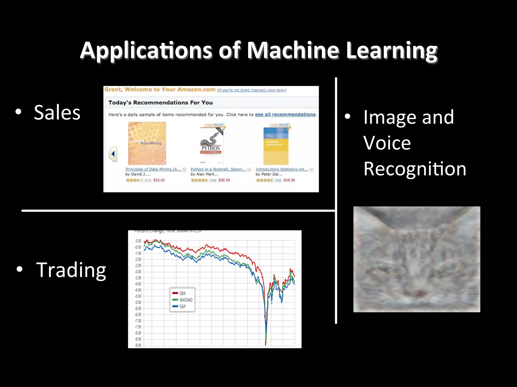 ApplicaEons	
  of	
  Machine	
  Learning
	
  
•  Sales

!

•  Trading	
  

•  Image	
  and	
  
Voice	
  
Recogni4on	
  

 