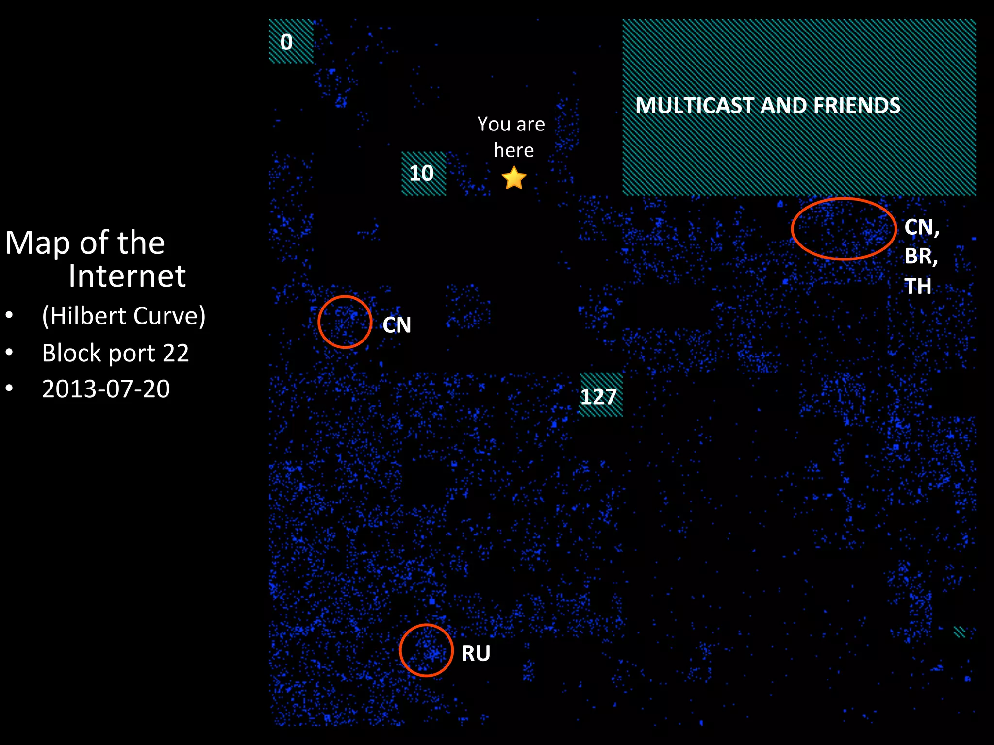 0	
  

10	
  

MULTICAST	
  AND	
  FRIENDS	
  

You	
  are	
  
here!

CN,	
  
BR,	
  
TH	
  

Map	
  of	
  the	
  
Internet	
  
•  (Hilbert	
  Curve)	
  
•  Block	
  port	
  22	
  	
  
•  2013-­‐07-­‐20	
  

CN	
  
127	
  

RU	
  

 