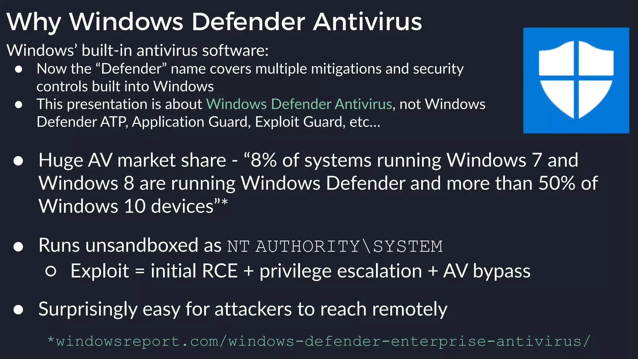 Windows Offender: Reverse Engineering Windows Defender's Antivirus ...