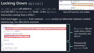 Locking Down apicall
Can’t just trigger apicall from malware .text section or otherwise malware-created
memory (eg: rwx allocation) anymore
If apicall did not
come from a VDLL,
set a heuristic and
deny it
Proceed with
processing if
apicall is ok
is_vdll_page call added to __call_api_by_crc
in 6/20/2017 mpengine.dll build - is the apicall
instruction coming from a VDLL?
New AV heuristic trait added
 