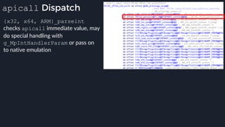 apicall Dispatch
{x32, x64, ARM}_parseint
checks apicall immediate value, may
do special handling with
g_MpIntHandlerParam or pass on
to native emulation
 