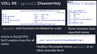 HexRays Decompiler shows apicall as an
inline assembly block
VDLL RE - apicall Disassembly
Some functions have
exported names
apicall stub functions are labeled by script
Article in PoC||GTFO
0x19 explains how this all
works
 