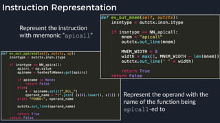 Instruction Representation
Represent the instruction
with mnemonic “apicall”
Represent the operand with the
name of the function being
apicall-ed to
 