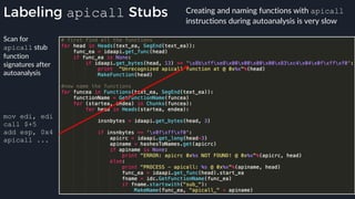 Labeling apicall Stubs Creating and naming functions with apicall
instructions during autoanalysis is very slow
Scan for
apicall stub
function
signatures after
autoanalysis
mov edi, edi
call $+5
add esp, 0x4
apicall ...
 