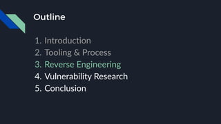 Outline
1. Introduction
2. Tooling & Process
3. Reverse Engineering
4. Vulnerability Research
5. Conclusion
 