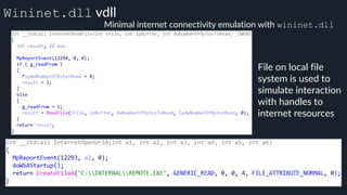Wininet.dll vdll
Minimal internet connectivity emulation with wininet.dll
File on local file
system is used to
simulate interaction
with handles to
internet resources
 