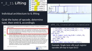 *_2_IL Lifting
Individual architecture to IL lifting
Grab the bytes of opcode, determine
type, then emit IL accordingly
Example: Single-byte x86 push register
opcodes all map to type 0x13
x86_IL_translator::translate
 
