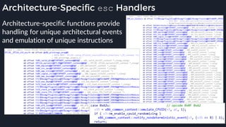 Architecture-Specific esc Handlers
Architecture-specific functions provide
handling for unique architectural events
and emulation of unique instructions
 
