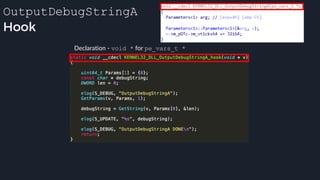 OutputDebugStringA
Hook
Declaration - void * for pe_vars_t *
 
