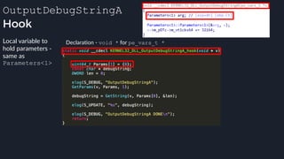 OutputDebugStringA
Hook
Declaration - void * for pe_vars_t *Local variable to
hold parameters -
same as
Parameters<1>
 