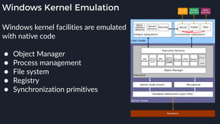 Windows Kernel Emulation
Windows kernel facilities are emulated
with native code 
● Object Manager
● Process management
● File system
● Registry
● Synchronization primitives
 