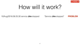 How will it work?
21
10/Aug/2016:06:25:30 service Jira stopped “Service Jira stopped” PROBLEM
 