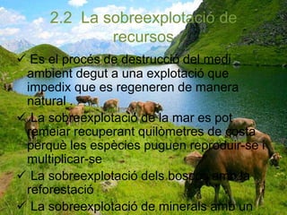 2.2 La sobreexplotació de
recursos
 Es el procés de destrucció del medi
ambient degut a una explotació que
impedix que es regeneren de manera
natural .
 La sobreexplotació de la mar es pot
remeiar recuperant quilòmetres de costa
perquè les espècies puguen reproduir-se i
multiplicar-se
 La sobreexplotació dels boscos amb la
reforestació
 La sobreexplotació de minerals amb un
 