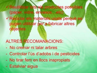 Reutilitzar tots els productes possibles
(paper, vidre, envasos…etc)
Reciclar els materials usats perquè es
pugen utilitzar per a fabricar altres
objectes
ALTRES RECOMANACIONS:
- No cremar ni talar arbres
- Controlar l’ús d’adobs i de pesticides
- No tirar fem en llocs inapropiats
- Estalviar aigua
 
