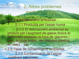 2. Altres problemes
mediambientals
 2.1 La contaminació ambiental :
2.1.1 Produïda per l’esser humá
2.1.2 El detoriament ambiental es
produïx per l’augment de gasos tóxics el
calfament excessiu la fosa de glaceres i
gels, la pluja àcida , els resudus plàstics
en mars…etc
2.2 Tipus de contaminació ambiental
2.1.2 Contaminació de l’aigua
:matéries estranyes
 