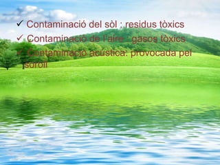  Contaminació del sòl : residus tòxics
 Contaminaciò de l’aire : gasos tòxics
 Contaminaciò acústica: provocada pel
soroll
 