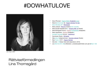 #DOWHATULOVE
•
•

Årets Stockholmshjä lte - Dagens Nyheter På Stan

•

Årets Wendela 2011 Aftonbladet

•

Årets Lobbyist - Resumé (hedersomnä mnande)

•

Årets Sociala Kapitalist 2010 - Veckans Affä rer (finalist)

•

Årets Brå kigaste Kvinnor - Passion for Business (tredjeplats)

•

Årets Uppstickare - Shortcut (tredjeplats)

•

Sveriges Vassaste Kvinnor - Veckorevyn

•

Gemensam Styrka - GS-facket

•

Alternativa Nobelprisvinnare - Svenska institutet (finalist)

•

New Faces of 2011 - Dagens Nyheter

•

Gö Gott - Stiftelsen Gö Gott (stipendiat å r 2010)
ra
ra

•

Rättviseförmedlingen
Lina Thomsgård

Stora PR-priset - Dagens Media (finalist)[förtydliga]

Leva Bä ttre 2010, Årets Medvetna - produkt/projekt/initiativ som gö skillnad - tidnin
r

 