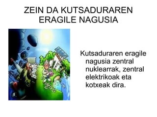 ZEIN DA KUTSADURAREN ERAGILE NAGUSIA Kutsaduraren eragile nagusia zentral nuklearrak, zentral elektrikoak eta kotxeak dira. 