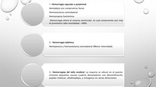 1. Hemorragia capsular o putaminal:
Hemiplejía con compromiso facial.
Hemianestesia contralateral
Hemianopsia homónima.
(Hemorragia drena al sistema ventricular, lo cual compromete aún más
el pronóstico (alta mortalidad >90%).
2- Hemorragia talámica:
Hemiparesia y hemianestesia contralateral (Menor intensidad).
3- Hemorragias del tallo cerebral: La mayoría se ubican en el puente.
Lesiones pequeñas causan cuadros devastadores con descerebración,
pupilas mióticas, oftalmoplejía, y nistagmus en varias direcciones.
 