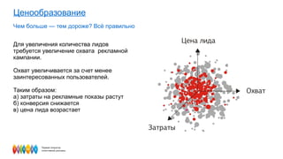 Ценообразование Чем больше — тем дороже? Всё правильно Для увеличения количества лидов требуется увеличение охвата  рекламной кампании.  Охват увеличивается за счет менее заинтересованных пользователей.  Таким образом: а) затраты на рекламные показы растут б) конверсия снижается в) цена лида возрастает 