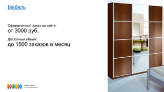 Мебель Оформленный заказ на сайте:  от 3000 руб. Доступный объем:  до 1500 заказов в месяц  