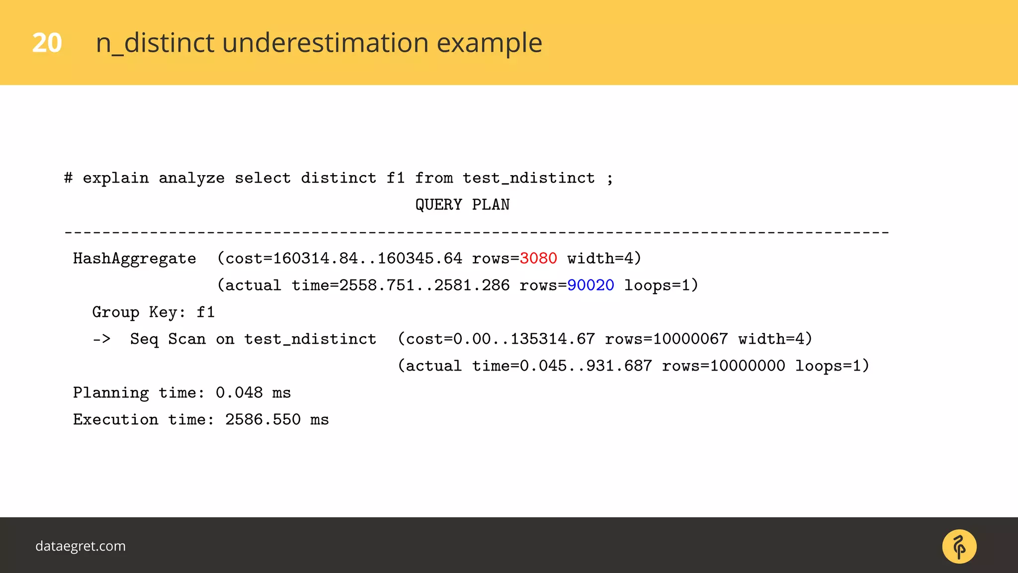 20 n_distinct underestimation example
# explain analyze select distinct f1 from test_ndistinct ;
QUERY PLAN
---------------------------------------------------------------------------------------
HashAggregate (cost=160314.84..160345.64 rows=3080 width=4)
(actual time=2558.751..2581.286 rows=90020 loops=1)
Group Key: f1
-> Seq Scan on test_ndistinct (cost=0.00..135314.67 rows=10000067 width=4)
(actual time=0.045..931.687 rows=10000000 loops=1)
Planning time: 0.048 ms
Execution time: 2586.550 ms
dataegret.com
 