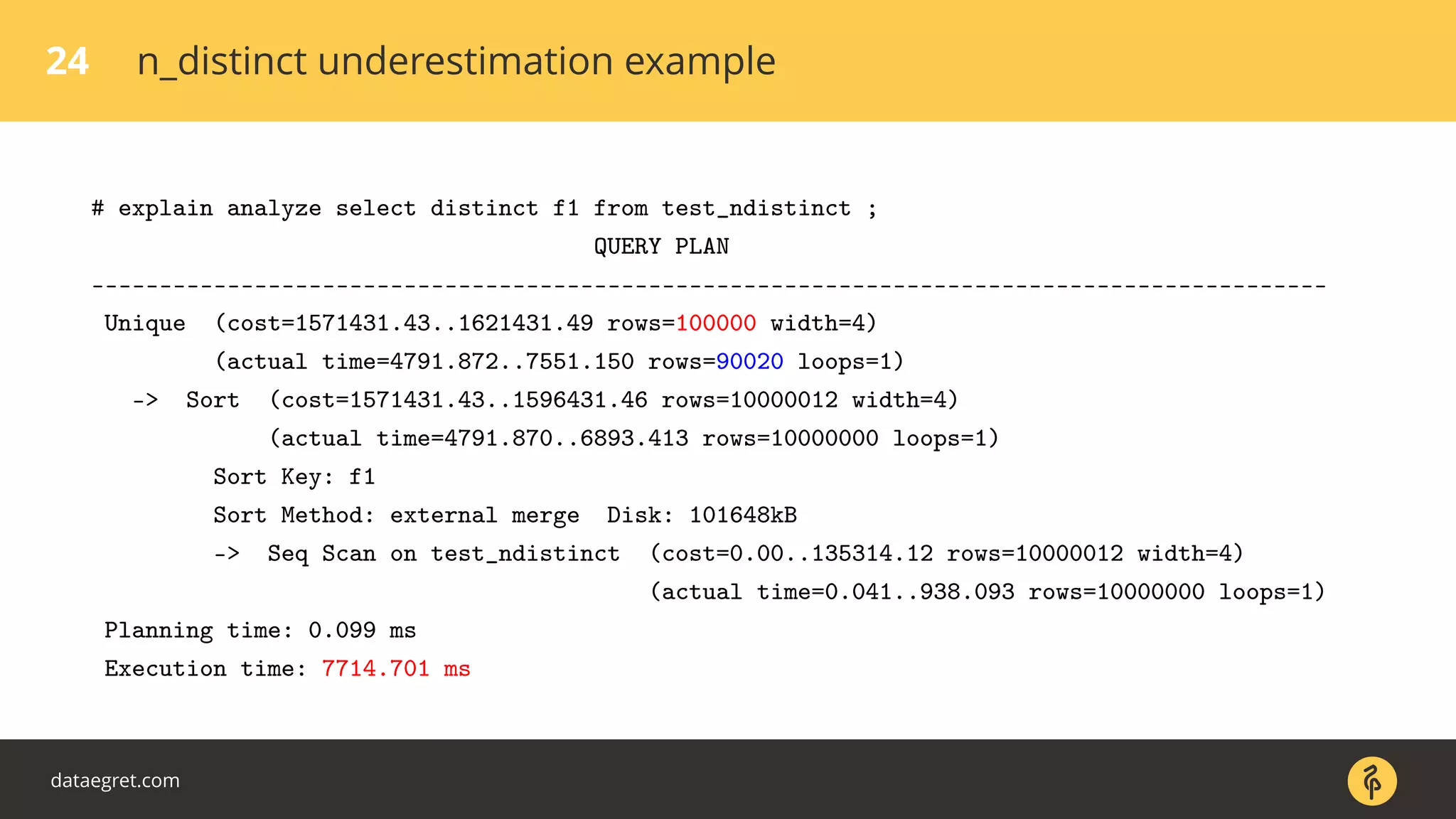 24 n_distinct underestimation example
# explain analyze select distinct f1 from test_ndistinct ;
QUERY PLAN
-------------------------------------------------------------------------------------------
Unique (cost=1571431.43..1621431.49 rows=100000 width=4)
(actual time=4791.872..7551.150 rows=90020 loops=1)
-> Sort (cost=1571431.43..1596431.46 rows=10000012 width=4)
(actual time=4791.870..6893.413 rows=10000000 loops=1)
Sort Key: f1
Sort Method: external merge Disk: 101648kB
-> Seq Scan on test_ndistinct (cost=0.00..135314.12 rows=10000012 width=4)
(actual time=0.041..938.093 rows=10000000 loops=1)
Planning time: 0.099 ms
Execution time: 7714.701 ms
dataegret.com
 