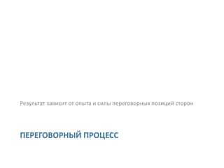 Результат зависит от опыта и силы переговорных позиций сторон




ПЕРЕГОВОРНЫЙ ПРОЦЕСС
 