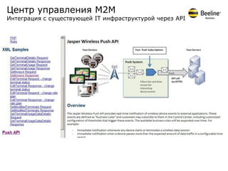 Центр управления М2М
Интеграция с существующей IT инфраструктурой через API
 
