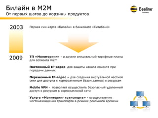 Билайн в М2М
От первых шагов до корзины продуктов


 2003     Первая сим-карта «Билайн» в банкомате «Ситибанк»




 2009     ТП «Мониторинг» - и другие специальный тарифные планы
          для сегмента m2m

          Постоянный IP-адрес для защиты канала клиента при
          передачи данных

          Переменный IP-адрес – для создания виртуальной частной
          сети для доступа к корпоративным базам данных и ресурсам

          Mobile VPN - позволяет осуществить безопасный удаленный
          доступ к ресурсам в корпоративной сети

          Услуга «Мониторинг транспорта» - осуществление
          местонахождения транспорта в режиме реального времени


                                                                     4
 