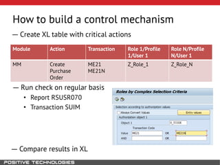 How to build a control mechanism
Module Action Transaction Role 1/Profile
1/User 1
Role N/Profile
N/User 1
MM Create
Purchase
Order
ME21
ME21N
Z_Role_1 Z_Role_N
― Create XL table with critical actions
― Run check on regular basis
• Report RSUSR070
• Transaction SUIM
― Compare results in XL
 