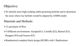 Objective:
To identify more high yielding stable promising hybrids and to determine
the areas where rice hybrids would be adapted by AMMI model.
Materials and Methods:
12 genotypes of Rice
5 Different environments :Gazipur(E1), Comilla (E2), Barisal (E3),
Rangpur (E4) and Jessore (E5)
Randomized complete block design (RCBD) with 3 Replications
 