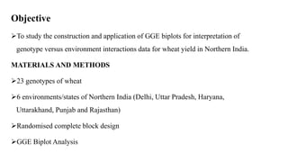 Objective
To study the construction and application of GGE biplots for interpretation of
genotype versus environment interactions data for wheat yield in Northern India.
MATERIALS AND METHODS
23 genotypes of wheat
6 environments/states of Northern India (Delhi, Uttar Pradesh, Haryana,
Uttarakhand, Punjab and Rajasthan)
Randomised complete block design
GGE Biplot Analysis
 