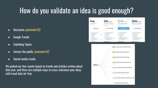 How do you validate an idea is good enough?
● Buzzsumo (potential ££)
● Google Trends
● Exploding Topics
● Answer the public (potential ££)
● Social media trends
We picked our four scents based on trends and articles written about
that year, and there are multiple ways to cross-reference your ideas
with trend data for free
 