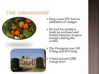  King Louis XIV had an
adoration of oranges
 He had his architect,
build an enclosed and
heated structure to grow
oranges during the
winter
 The Orangerie was 510
ft long and 69 ft long
 It held around 2,000
orange trees
 