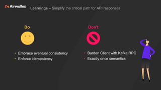 Learnings – Simplify the critical path for API responses
• Burden Client with Kafka RPC
• Exactly once semantics
Do Don't
...