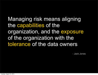Managing risk means aligning
            the capabilities of the
            organization, and the exposure
            of the organization with the
            tolerance of the data owners
                                     - Jack Jones




Tuesday, August 10, 2010
 