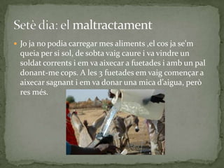  Jo ja no podia carregar mes aliments ,el cos ja se'm
  queia per si sol, de sobta vaig caure i va vindre un
  soldat corrents i em va aixecar a fuetades i amb un pal
  donant-me cops. A les 3 fuetades em vaig començar a
  aixecar sagnant i em va donar una mica d’aigua, però
  res més.
 